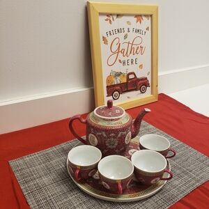 Red and White Teapot Set with Cups